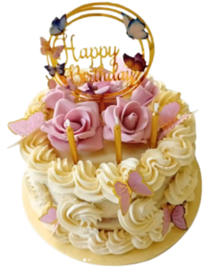 A custom birthday cakes in Brighton, with Happy Birthday Decorations, Covered in Roses, candles and butterflies.