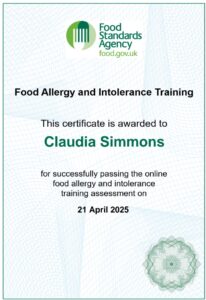 Food Standards Agency food allergy and intolerance training certificate, passed on 21 April 2025
