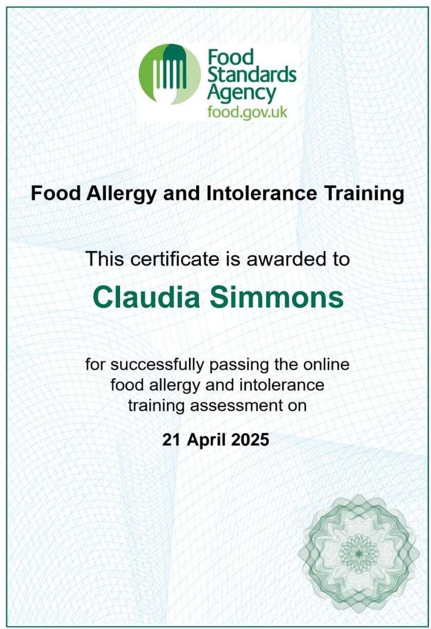Food Standards Agency food allergy and intolerance training certificate, passed on 21 April 2025